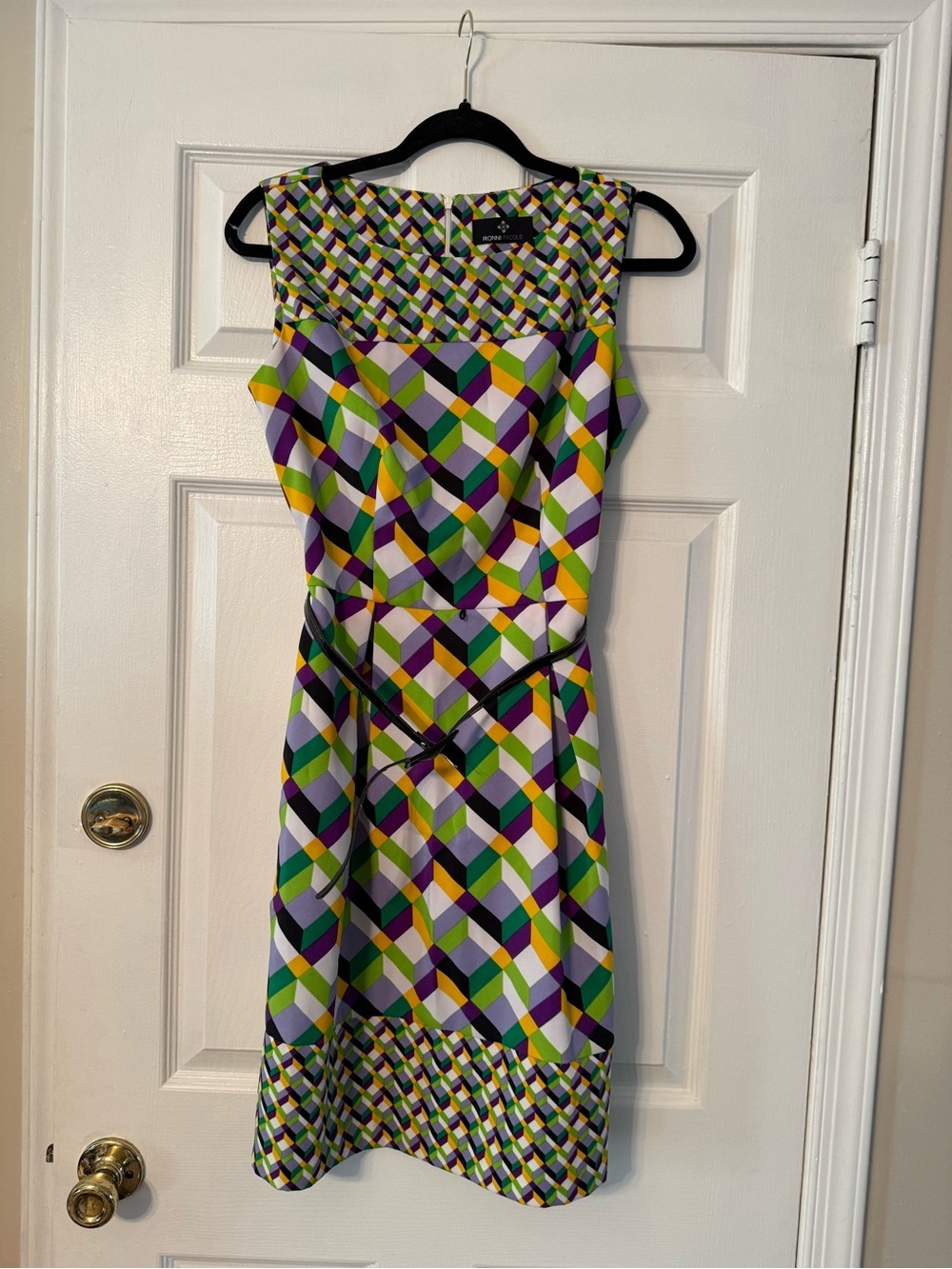 Ronni Nicole Sleeveless Geometric Midi Dress in Purple, Green, Yellow & White